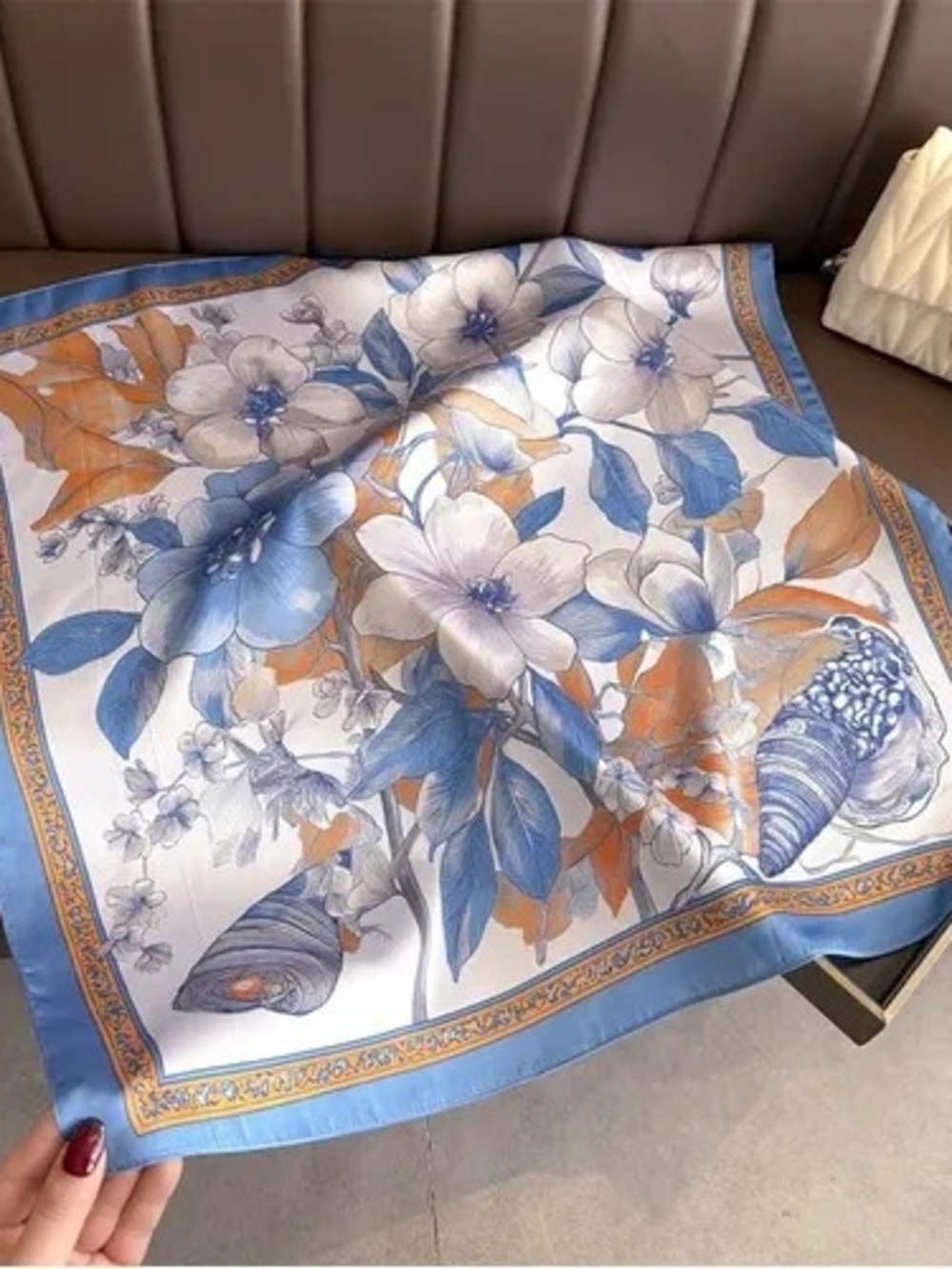 Silk-feel Floral Blue & Orange Silk Scarf - 70*70cm